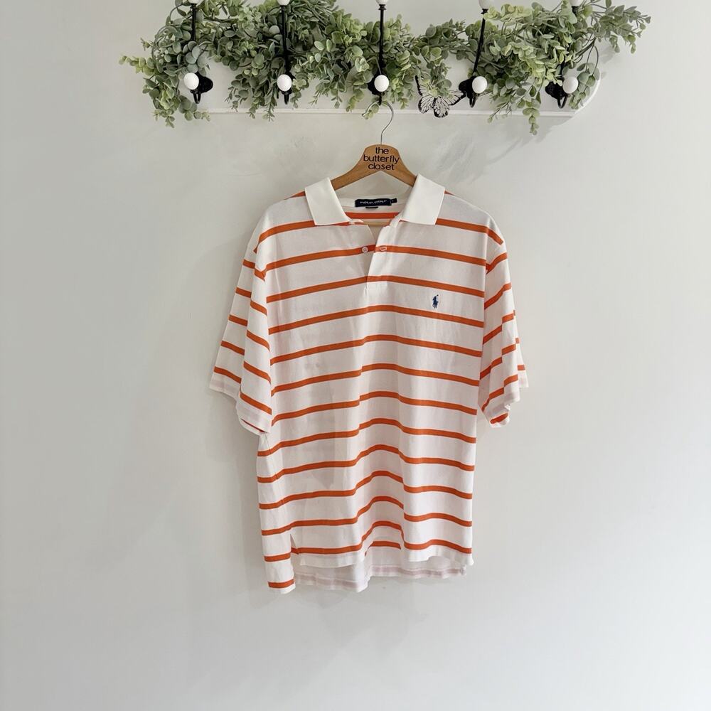 Vintage Polo Ralph Lauren Short Sleeve Polo With Orange Horizontal Stripes Large